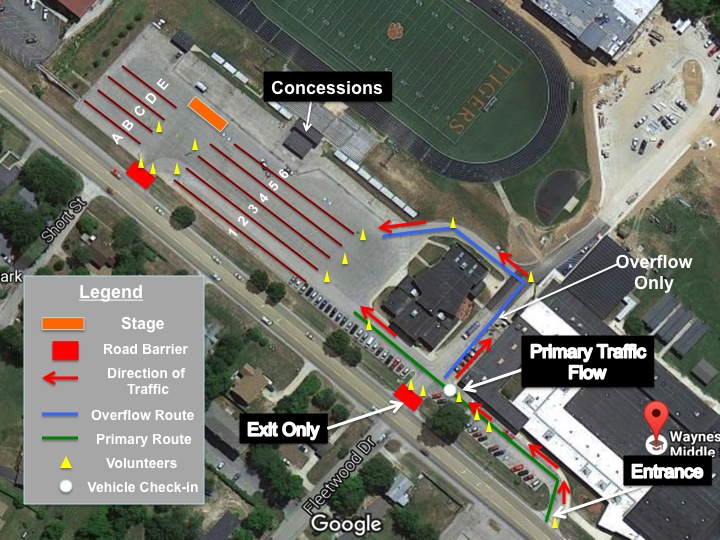 Line up map for the 2026 parade showing the lanes, the stage, the entrance, the exit, and the volunteer posts in the Waynesville Middle School parking lot, 810 Roosevelt Street, Waynesville